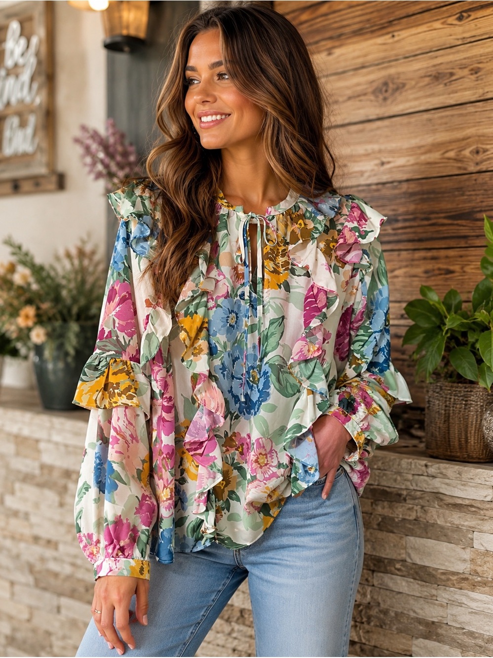 Aura Multi-Color Floral Ruffle Tie-Neck Blouse